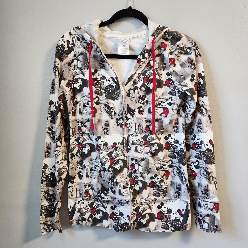 Disney Mickey Mouse‎ Hoodie Steamboat Full Zip Cartoon Print Red Drawstring M